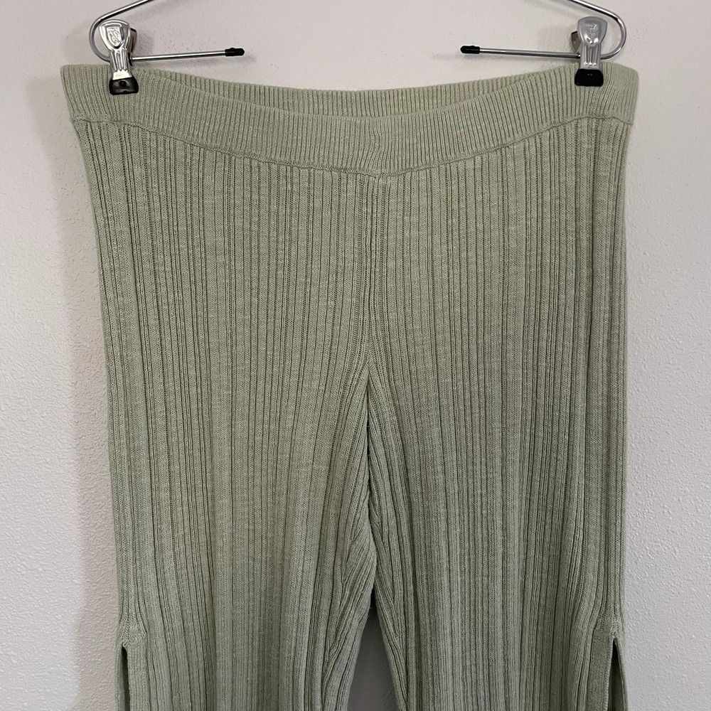 Free People FP Beach Sage Green Ribbed Knit Wide Leg Side Slit Pants Small Boho - Picture 2 of 9